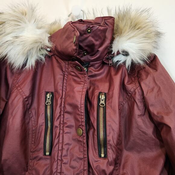 AMERICAN RAG Burgundy Red Hooded Parka Pockets Faux Fur Winter Womens Small S - Picture 4 of 12